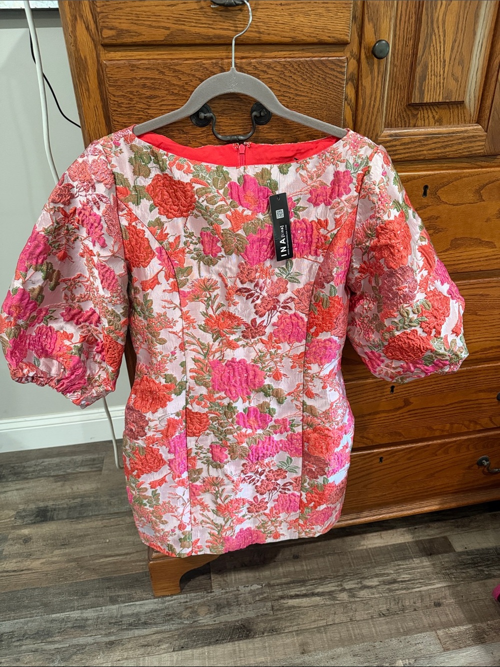 Ina Floral Jacquard Puff-Sleeve Mini Dress - Pink/Coral - Picture 3 of 5